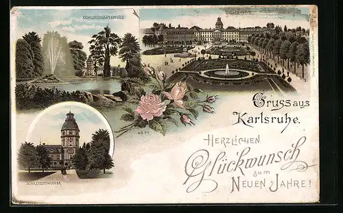 Lithographie Karlsruhe, Schloss, Schlossgartensee, Schlossthurm