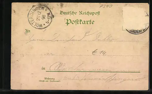 Lithographie Karlsruhe, Schloss, Schlossgartensee, Schlossthurm