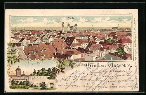 Lithographie Augsburg, Totalansicht aus der Vogelschau, Rotes Thor