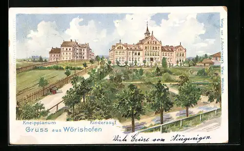 Lithographie Wörishofen, Gartenanlagen mit Blick auf Kneippianum und Kinderasyl
