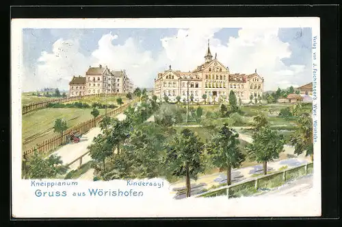 Lithographie Wörishofen, Gartenanlagen mit Kneippianum und Kinderasyl