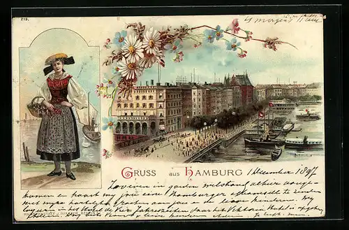 Lithographie Hamburg, Hamburgerin in Tracht, Jungfernstieg
