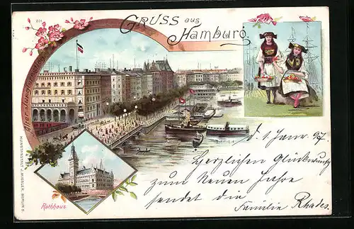 Lithographie Hamburg, Jungfernstieg mit Alster, Hamburgerinnen in Tracht