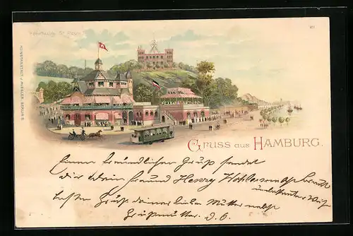 Lithographie Hamburg-St.Pauli, Helgoländer Fährhaus und Seewarte