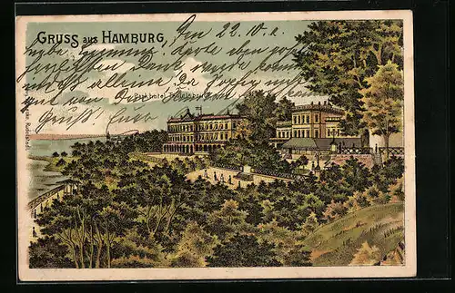 Lithographie Hamburg-Bostelbek, Parkhotel Teufelsbrück mit Umgebung