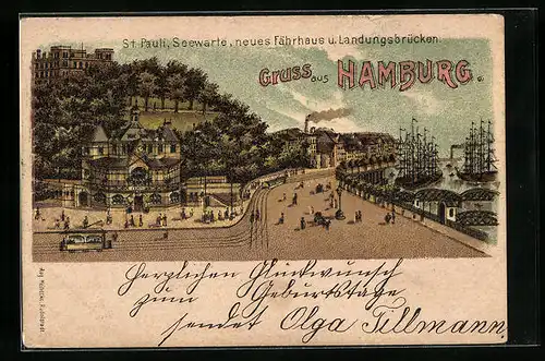 Lithographie Hamburg-St.Pauli, Seewarte, Neues Fährhaus und Landungsbrücken