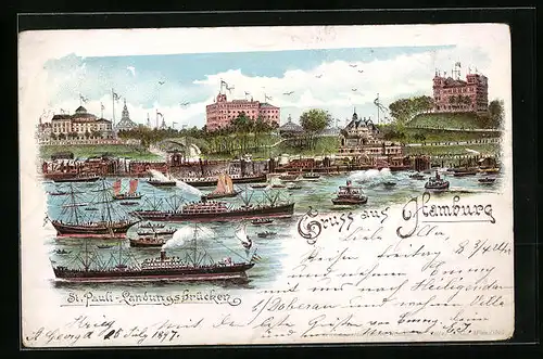 Lithographie Hamburg-St.Pauli, St. Pauli-Landungsbrücken mit Booten