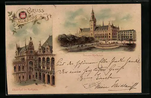 Lithographie Hamburg, Ehrenhof im Rathaus, Neues Rathaus