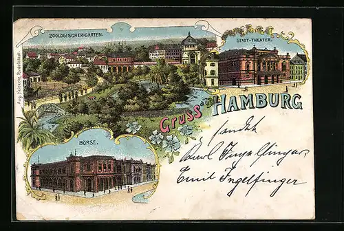 Lithographie Hamburg, Zoologischer Garten, Börse und Stadt-Theater