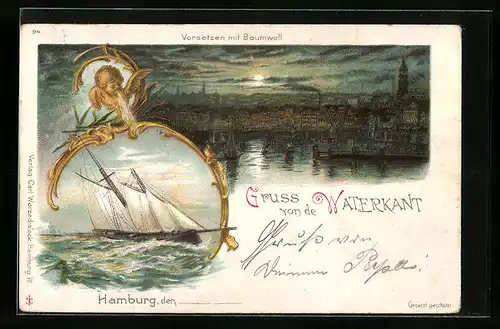 Lithographie Hamburg, Windengel und Segelschiff, Teilansicht bei Vollmond
