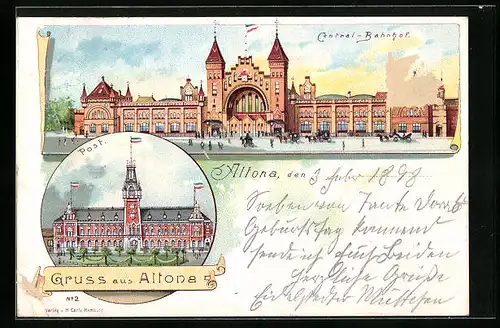 Lithographie Hamburg-Altona, Central-Bahnhof, Gebäude der Post