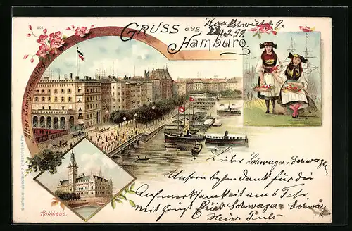 Lithographie Hamburg, Jungfernstieg, Landungsbrücken, Rathaus, Hamburgerinnen