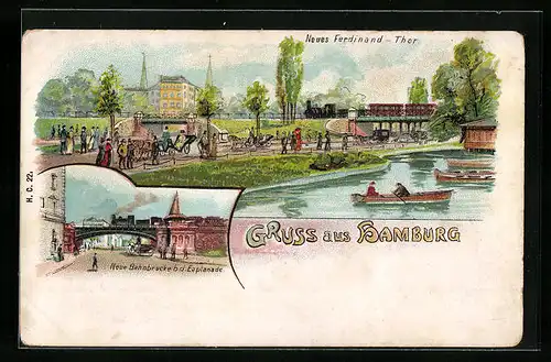 Lithographie Hamburg-Neustadt, Neues Ferdinand-Thor, Neue Bahnbrücke bei d. Esplanade