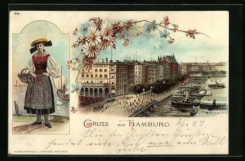 Lithographie Hamburg-Neustadt, Jungfernstieg mit Hanseatin