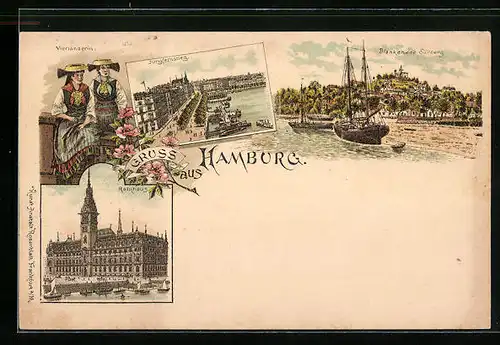 Lithographie Hamburg, Vierländerin, Jungfernstieg, Blankenese Süllberg, Rathaus