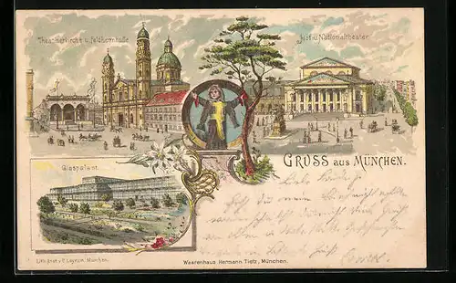 Lithographie München, Theatinerkirche und Feldherrnhalle, Glaspalast, Hof- und Nationaltheater