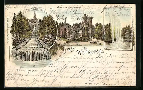 Lithographie Kassel-Wilhelmshöhe, Herkules mit Kaskaden, Löwenburg