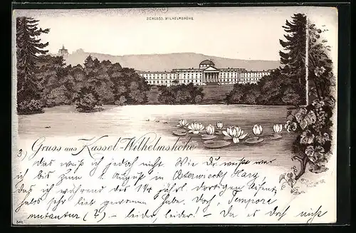 Lithographie Kassel-Wilhelmshöhe, Schloss Wilhelmshöhe aus der Ferne