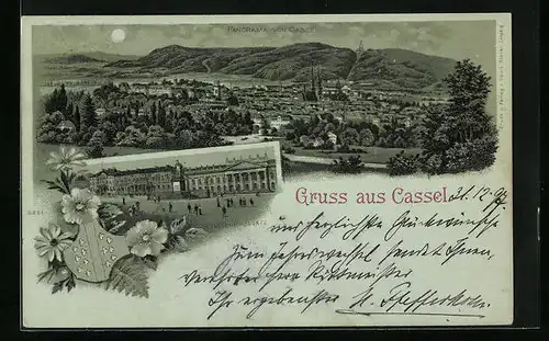 Mondschein-Lithographie Kassel, Panorama, Passanten am Friedrichsplatz