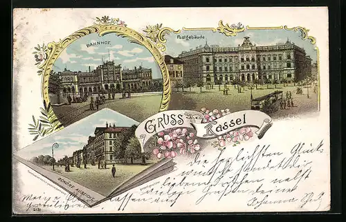 Lithographie Kassel, Bahnhof, Postgebäude, Gasthaus Schöne Aussicht