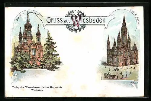 Lithographie Wiesbaden, Griechische Kapelle und Protestantische Kirche