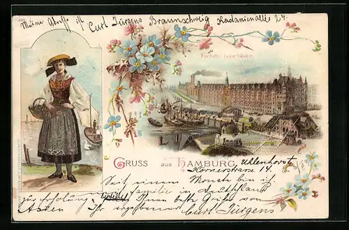 Lithographie Hamburg, Lagerhäuser am Freihafen, Hanseatin