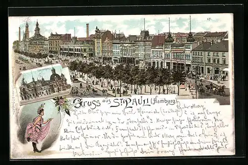 Lithographie Hamburg-St. Pauli, Konzerthaus, Strassenpartie aus der Vogelschau