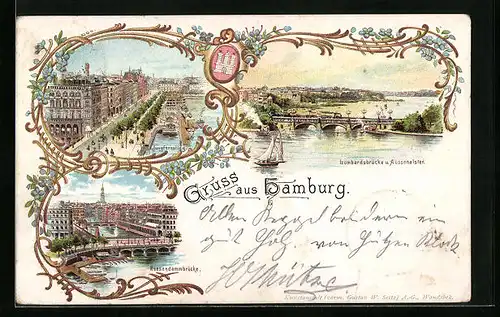 Lithographie Hamburg, Jungfernstieg, Lombardsbrücke und Aussenalster, Reesendammbrücke