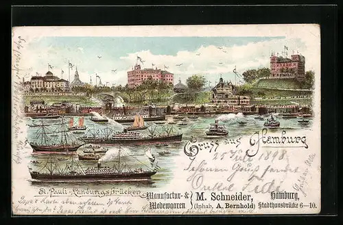 Lithographie Hamburg-St. Pauli, Landungsbrücken mit Dampfern