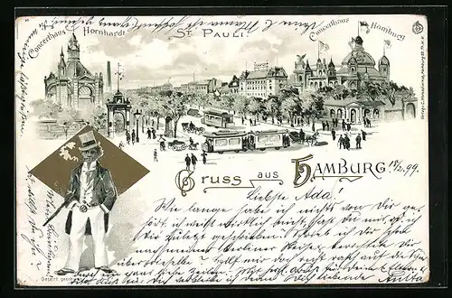 Lithographie Hamburg, Konzerthaus Hornhardt, Strassenpartie mit Passanten