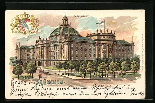 Lithographie München, Strassenpartie am Justizpalast