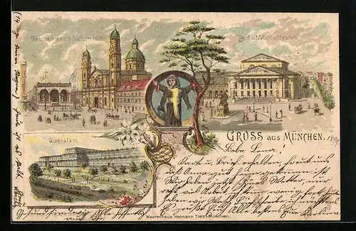Lithographie München, Theatinerkirche und Fledherrnhalle, Glaspalast, Hof- und Nationaltheater