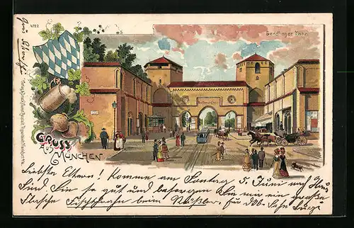 Lithographie München, Strassenpartie am Sendlinger Tor