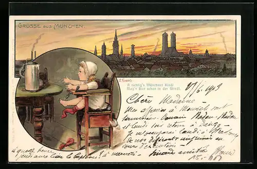 Lithographie München, Totalansicht im Abendrot