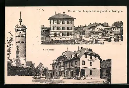 AK Münsingen, Truppenübungsplatz, Hardt-Hotel, Turm Falkenhausen