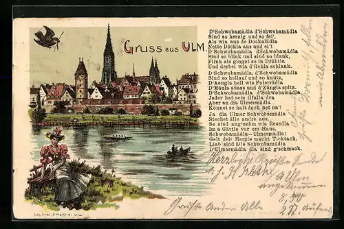 Lithographie Ulm, Ortspartie mit Münster und Donau