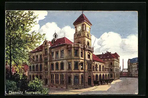 Künstler-AK Chemnitz, Feuerwache von der Strasse gesehen