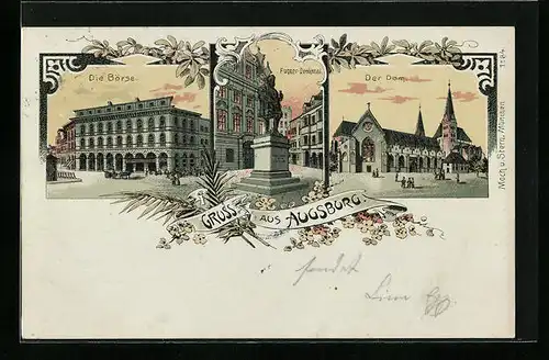 Lithographie Augsburg, Die Börse, Fugger-Denkmal, Der Dom