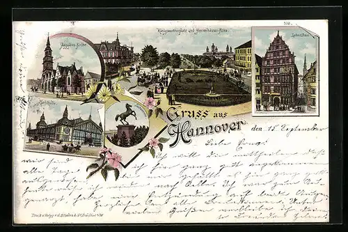 Lithographie Hannover, Aegydien-Brücke, Markthalle, Leibnitzhaus, Königswortherplatz und Herrenhäuser-Allee