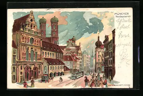 Lithographie München, Partie in der Neuhauserstrasse mit Strassenbahnen