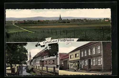 AK Flerzheim, Panorama des Ortes, Strassenpartie mit Geschäft