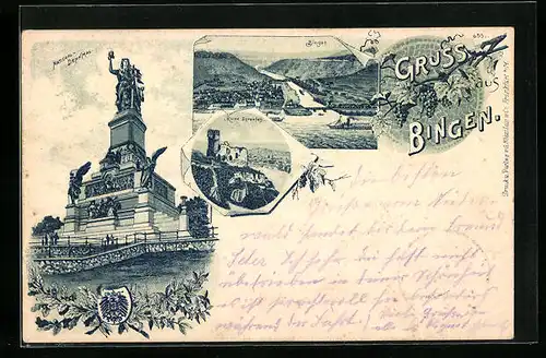 Künstler-AK Bingen, Ortsansicht, Ruine Ehrenfels, National-Denkmal