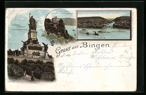 Lithographie Bingen, Schloss Rheinstein, National-Denkmal, Ortsansicht