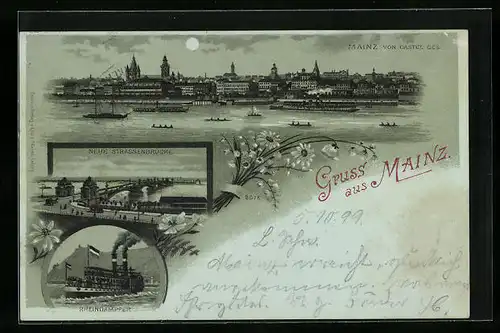 Mondschein-AK Mainz, Ortsansicht vom Castel aus, Neue Strassenbrücke, Rheindampfer
