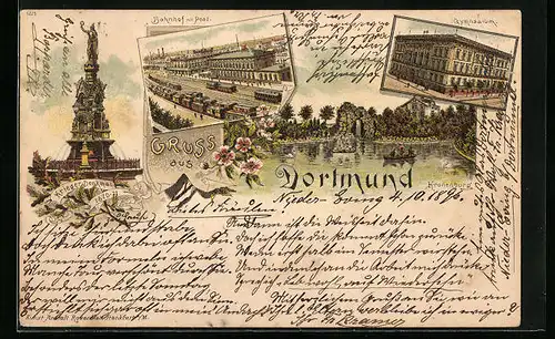 Lithographie Dortmund, Bahnhof mit Post, Kriegerdenkmal, Gymnasium