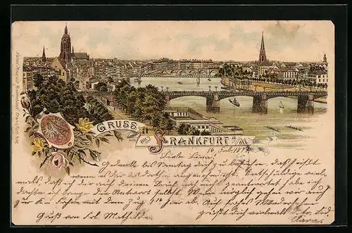 Lithographie Frankfurt a. M., Ortsansicht mit Brücken, Wappen