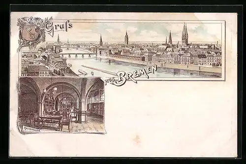 Lithographie Bremen, Teilansicht mit Brücken, Innenansicht des Rathskellers