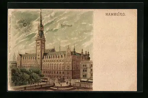 Sonnenschein-Lithographie Hamburg, Rathaus unter Wolkenhimmel