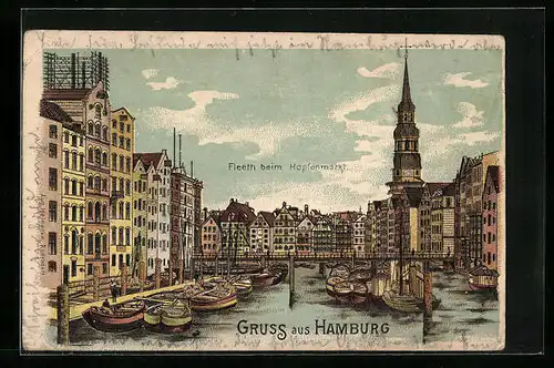 Lithographie Hamburg, Fleeth beim Hopfenmarkt