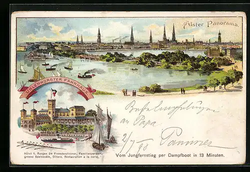 Lithographie Hamburg, Alster-Panorama, Uhlenhorster Fährhaus